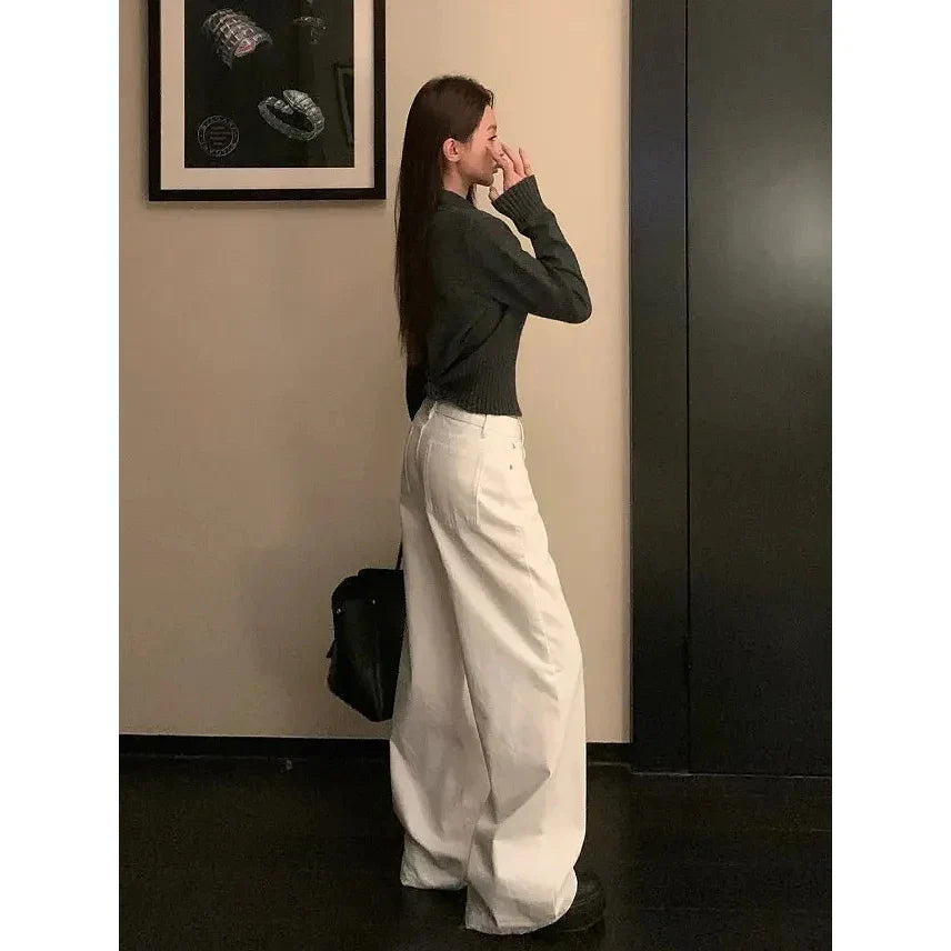 Summer Women's White High Waisted Wide Leg Jeans Premium Draped Effortless Chic Loose Straight Leg Denim Pants for Daily Office