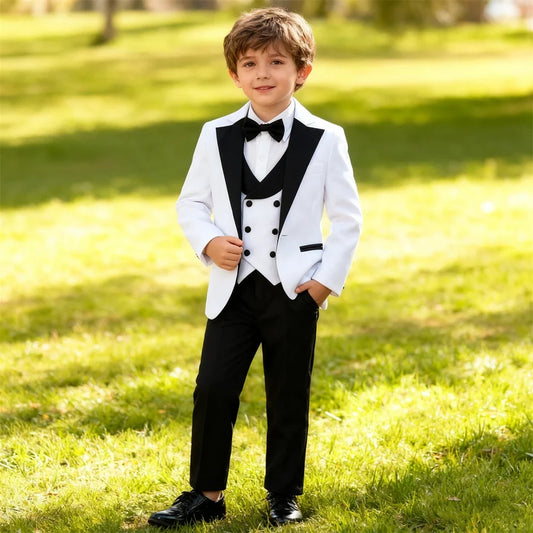 Brand Suit Set for Boys 3-14 Yrs, Classic Black Collar Suit Jacket Vest Pants Bowtie Set, Communion Party Suits Toddler