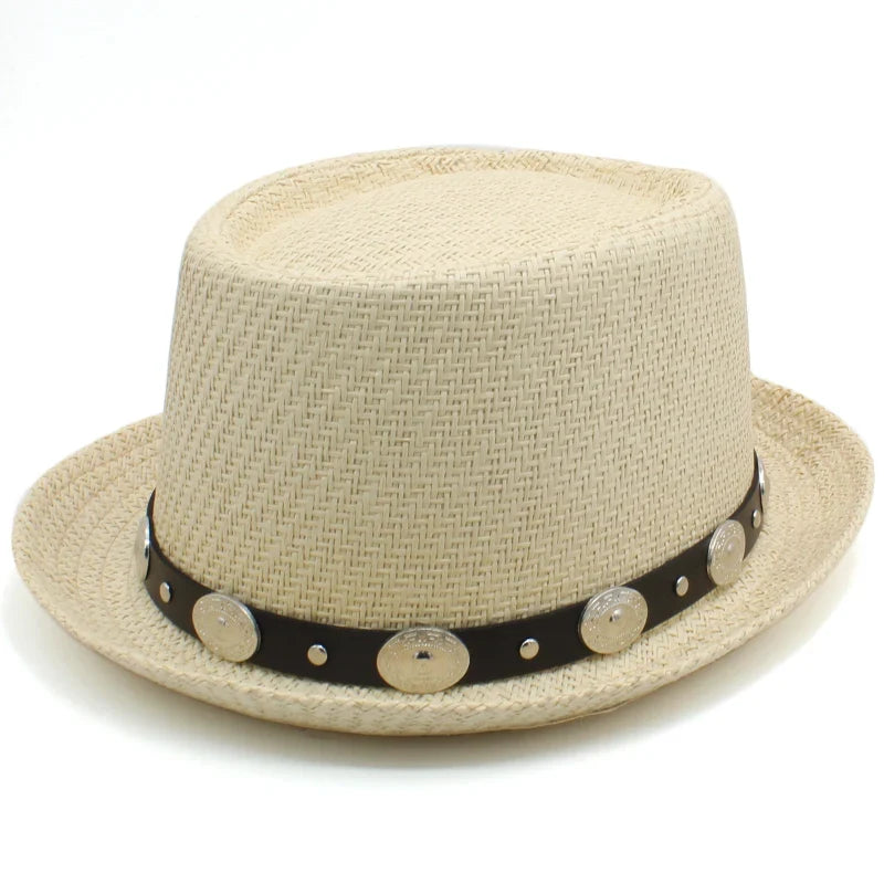 Men Women Straw Pork Pie Hats Summer Sunhat Boater Caps Sailor Sombrero Beach Fedora Trilby Outdoor Travel US Size 7 1/4 UK L