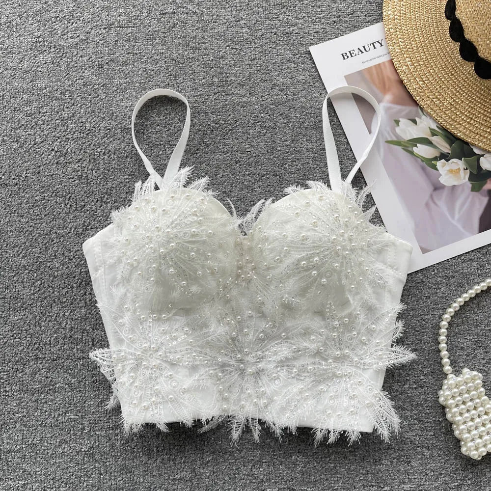 Women Hotsweet Sleeveless Sexy Chest Cushion Lace Backless Embroidered Beads Slim Straps Camis Top High Street Autumn Clothing