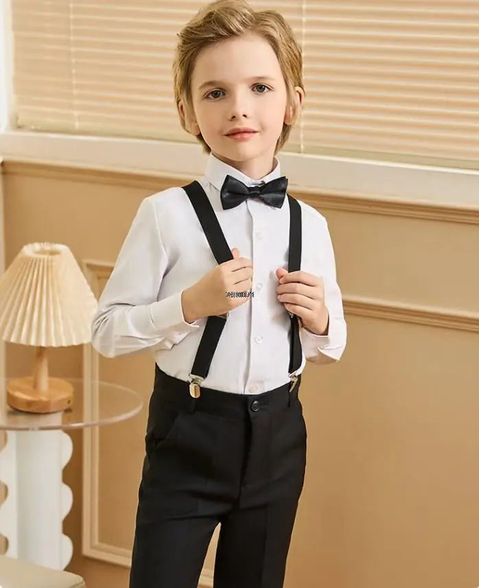 Boys 007 Photograph Suit School Kids Shirt Strap Pants Bowtie 4PCS Clothing Set Children Piano Performance Dance Dress Costume