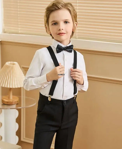 Boys 007 Photograph Suit School Kids Shirt Strap Pants Bowtie 4PCS Clothing Set Children Piano Performance Dance Dress Costume