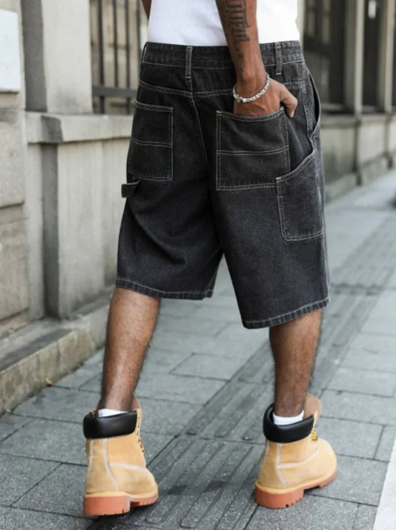 Men's Summer Black-Grey Loose Baggy Denim Shorts