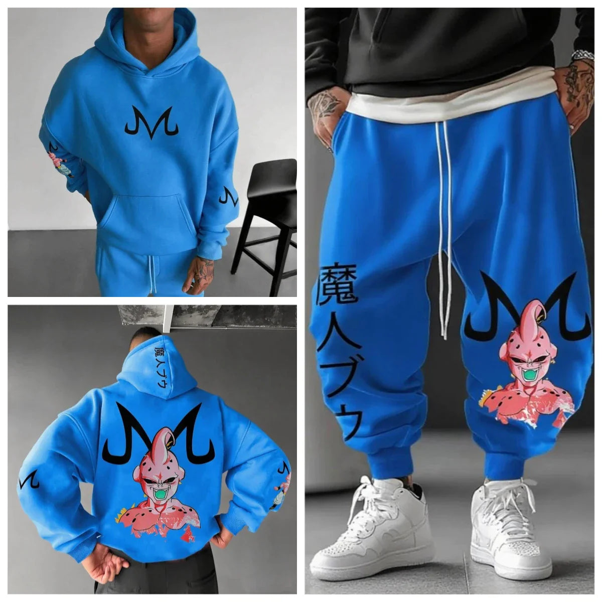Majin Buu Hoodie Pants Set Anime Cotton Loose Fit Graphic Print Streetwear Casual Sweatshirt Joggers Japanese Cartoon Character