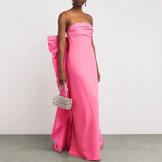 Modern Strapless Evening Gown  Floor Length Formal Party Dress Strapless Prom Dress Saudi Arabia Dress With Bow And Train