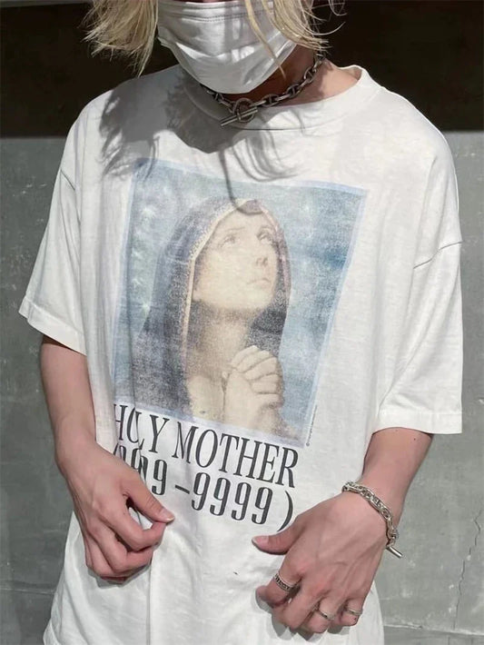 Vintage  Retro Tops Alphabet Printed Virgin Head Short Sleeve High Street Retro Wash Loose Cotton T-shirt Round Neck Oversize