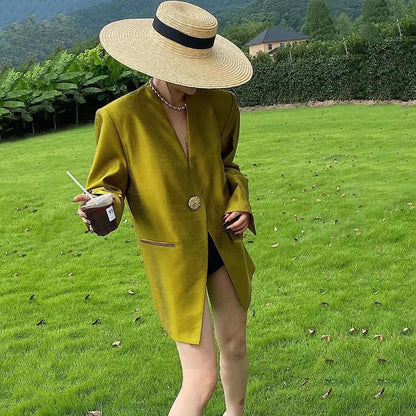 Women's Blazer Coat 2025 Spring Autumn Fashion Retro Style Advanced Ladies Suit Jacket Korean Version Temperament Lady Outerwear