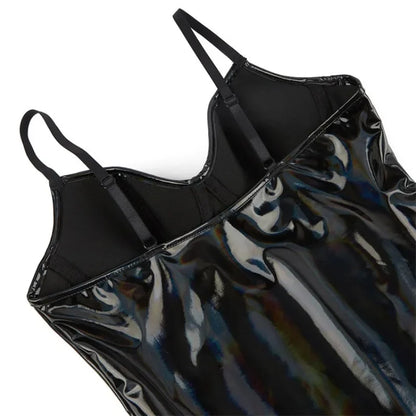 Wet Look Shiny PU Leather One-piece Bodysuits Women's Lingerie Swimsuit Spaghetti Strap Bra Push Up Overbust Corsets