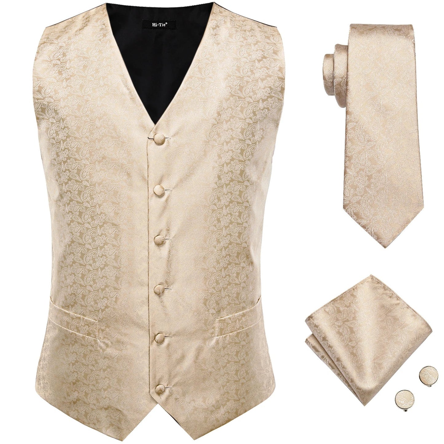 Designer Beige Champagne Ivory Khaki Mens Vest Necktie Set Jacquard Waistcoat Jacket Tie Hankerchief Cufflinks for Men Gift