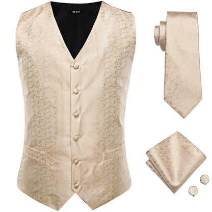 Designer Beige Champagne Ivory Khaki Mens Vest Necktie Set Jacquard Waistcoat Jacket Tie Hankerchief Cufflinks for Men Gift