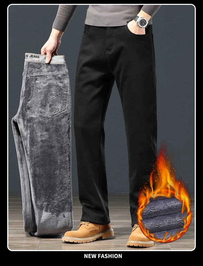 Winter Men's Fleece Warm Jeans Classic Black Plush Loose Straight Business Casual Pants Thermal Male Clothing 40 42 44
