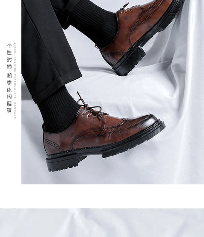 Men Korea Leather Platform Oxfords Slip on Thick Tottom for Male Derby Shoes Casual Loafers Mens Square Toe Formal Dress Shoes