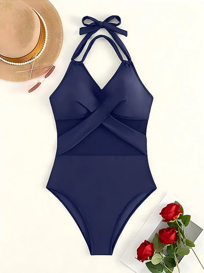 2026 Plain Ruched Mesh Swimsuit Women One Piece Ring Link Swimwear Female Sexy Bathing Swimming Suit Bodysuit Summer Beachwear