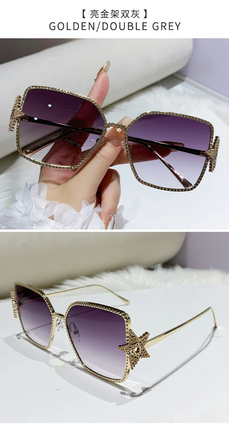 Metal Frame Oversized UV400 Sunglasses Women Men Star Design New Trendy Square Sun Glasses Ladies Vintage Cool Gafas De Sol