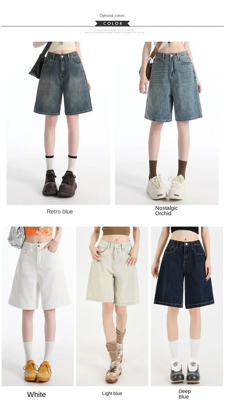 Women's High Waist Wide Leg  Y2K American Retro Washed Five-Point Denim Shorts Summer Loose Slim Straight Cut Mid-Length Pants