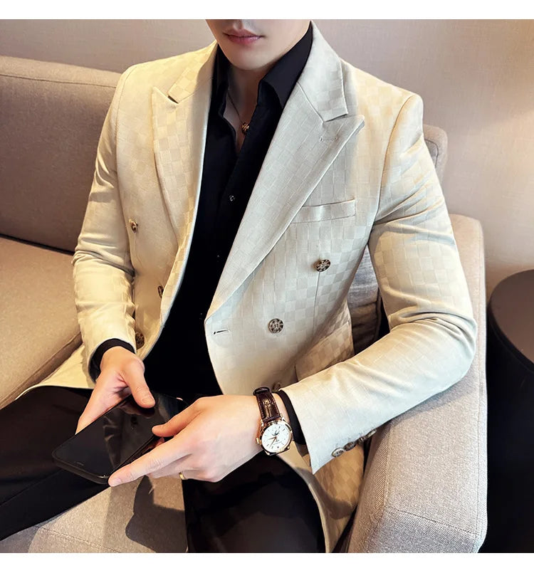 6 Color Fashion Double Breasted Plaid Suit Jacket Luxury Men Slim Fit Business Social Wedding Formal Suit Coats Plus Size 5XL-M