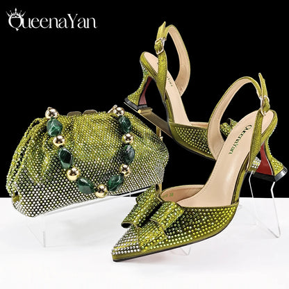 Shiny Italian Fashion Pointed Toe Women High Heel Shoes Mixed Color Effect Rhinestone Decoration Shoes And Bag Set