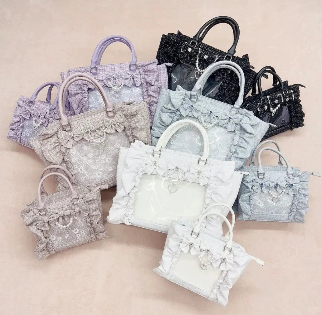 Japanese Sle Lace Trim Painful Bag Small Fraance Sle Handbag Single oulder Satchel Embellied with Button And Pleate...