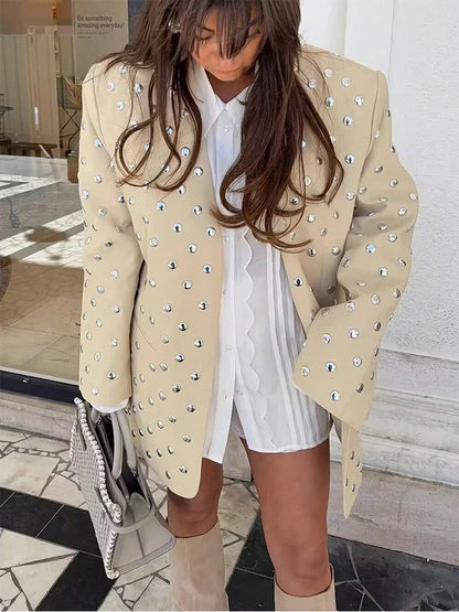 Women's Rivet Decoration Casual Blazer Long Sleeve V Neck Beige Spring Fall Coat