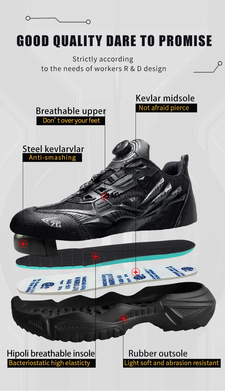 Quality Rotated Button Safety Shoes Men Steel Toe Working Sneakers Light Stab Proof Work Boots Man Anti-smash Security Footwear