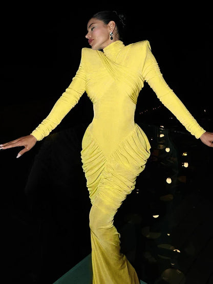 Autumn New Style Maxi Dress Women Turtleneck Full Sleeve Backless Skinny Stretch  Prom Party Ruched Elegant Vestidos