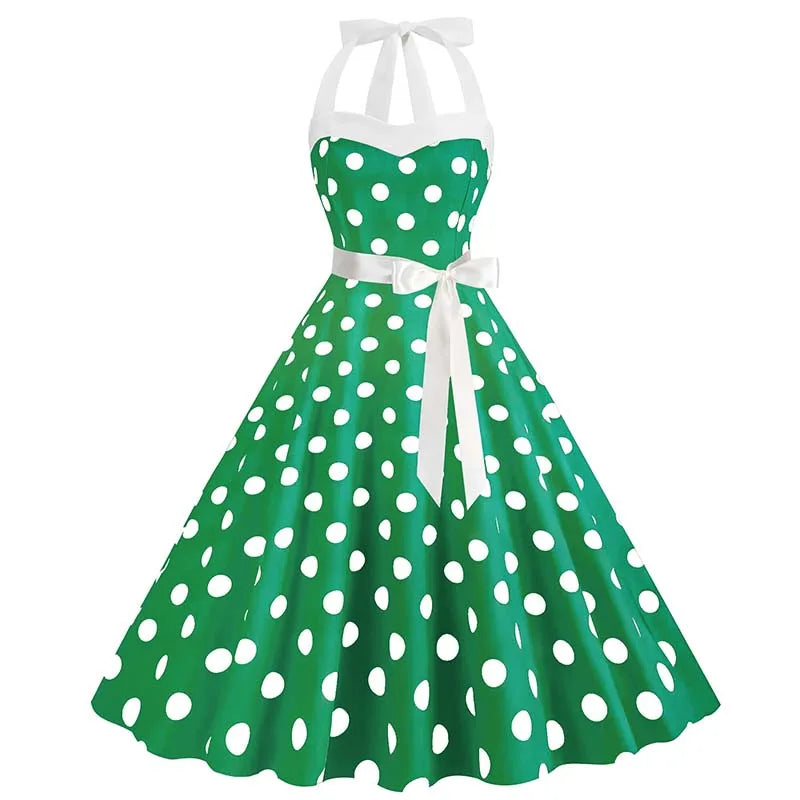 Women Summer Party Dress With Belt Polka Dot Print Halter Hepburn Robe 50s 60s Vintage Dresses