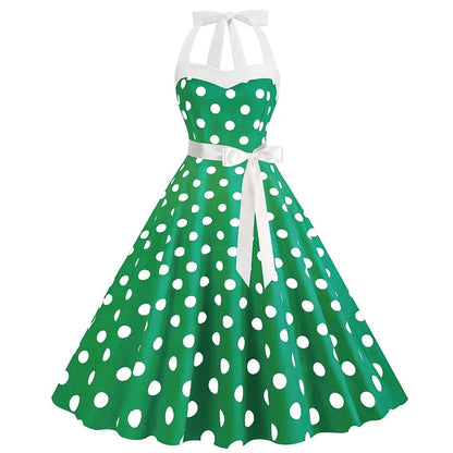 Women Summer Party Dress With Belt Polka Dot Print Halter Hepburn Robe 50s 60s Vintage Dresses