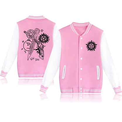 New Supernatural Print Baseball Jacket Women Men Casual Loose Jacket Autumn Winter Sweatshirt Long Sleeve Jersey Tops