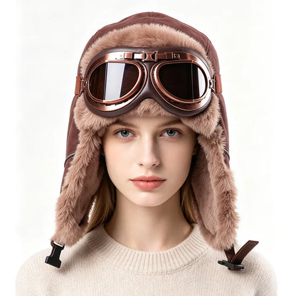 Retro Unisex Aviator Trapper Hat Faux Fur Thick Warm With Goggles Earflap Winter Cap For Cycling Outdoor Cold Protection