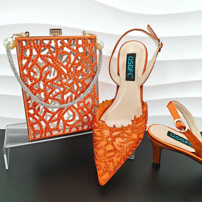 Nigerian Style Elegant Women's Party Shoes  Luxury Full of Diamonds Shoes Sky Blue Pointed High Heel Shoe Bag Set