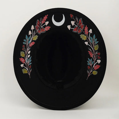 Witch Wide Brim Felt Fedora Hat Crescent Moon Butterfly Mushroom Floral Embroidery Gothic Black Wool Party Costume Hat for Women