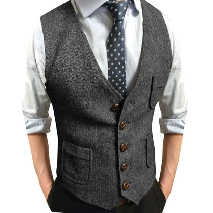 Men Vest Brown Herringbone Single Button V Neck Waistcoat For Wedding Party Business Work Office Daily Casual Men Suit Vest