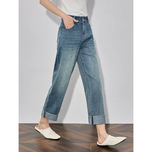 Women Denim Jeans 2025 Spring New Straight Wide Leg Rolling Up Ankle Length Cropped Pants