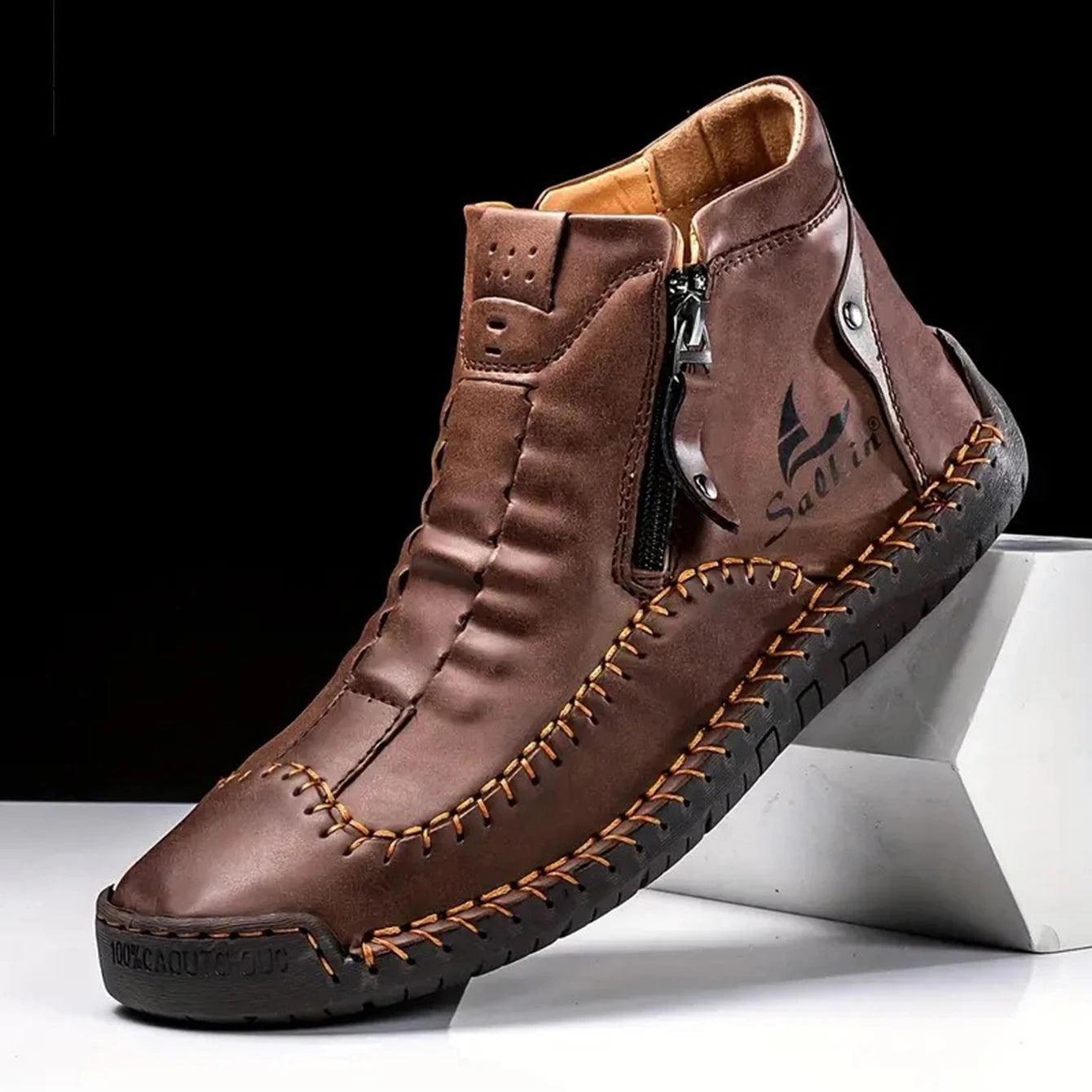 Men's Hand-Sewn High-Top Boots, Fashionable Side-Zip Casual Shoes, All-Season Outdoor Boots, Large Size Men's Shoes, Comfortable Bare Boots