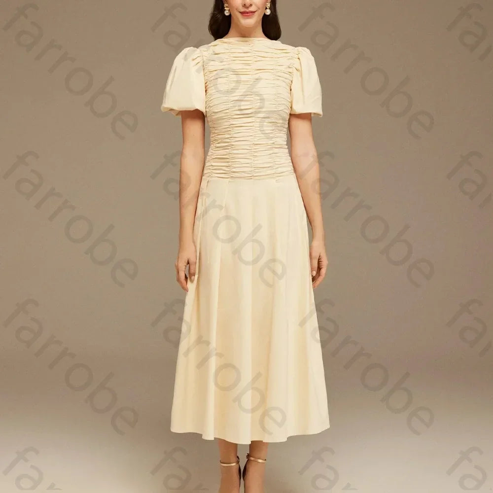 Customize Draped Top Short Sleeve Midi Dress A-Line Evening Dresses Formal Exquisite High Quality Prom Party Gowns for Women