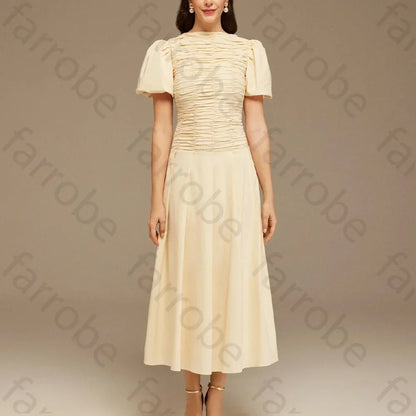 Customize Draped Top Short Sleeve Midi Dress A-Line Evening Dresses Formal Exquisite High Quality Prom Party Gowns for Women
