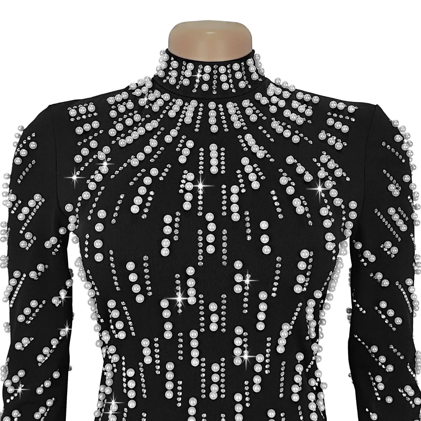 Temperament Elegant Party Diamond Pearl Long Bodycon Dress Women O Neck Long Sleeve Glitter Club Evening Black Sheath Maxi Dress