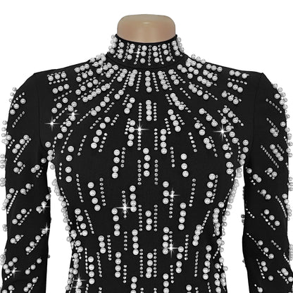 Temperament Elegant Party Diamond Pearl Long Bodycon Dress Women O Neck Long Sleeve Glitter Club Evening Black Sheath Maxi Dress