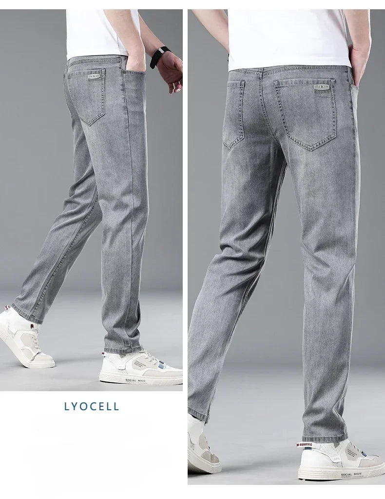 New Men's Thin Lyocell Jeans Soft Business Stretch Fashion Trousers Slim Brand Casual Elasticity Denim Pants Male Clothes