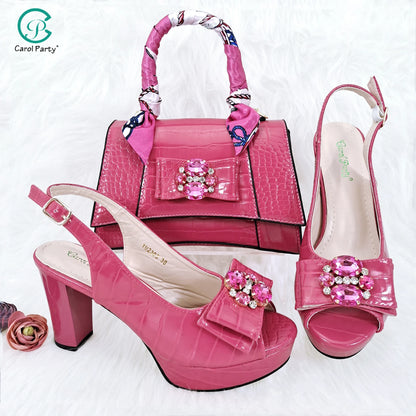 Crocodile Textured Ribbon And Colorful Crystal Embellished Clutch With Long Shoulder Strap Women's Shoes And Bag Set