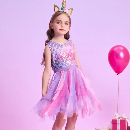 VIKITA Kids Summer Sleeveless Dresses Girls Mermaid Dress Girls Birthday Party Tutu Mesh Mesh Layered Dresses Kids Clothes 3-8Y