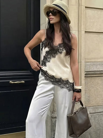 Women Fashion Lace Patchwork Straps Top Irregular Hem Spaghetti Straps V-Neck Hollow Sexy Tops 2026 Summer Night Date Wear