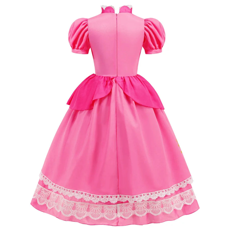 Pumber Bros Vedio Game Movie Cosplay Girl Peach Dress up Lace Ball Gown Princess Costume Kid Cute Halloween Clothing Frock 2-10Y