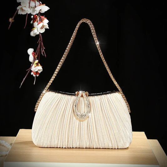 New European and American diamond-encrusted elegant pleated evening bag women's fashionable single-shoulder bag party chain h