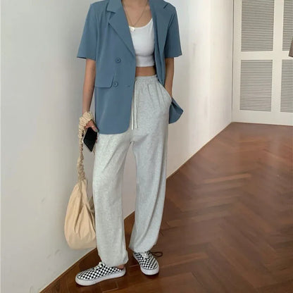 2025 Women's Summer Short-sleeved Jacket Casual All-match Loose Double-breasted Blazers Coat Woman Korean Chic White Blazer