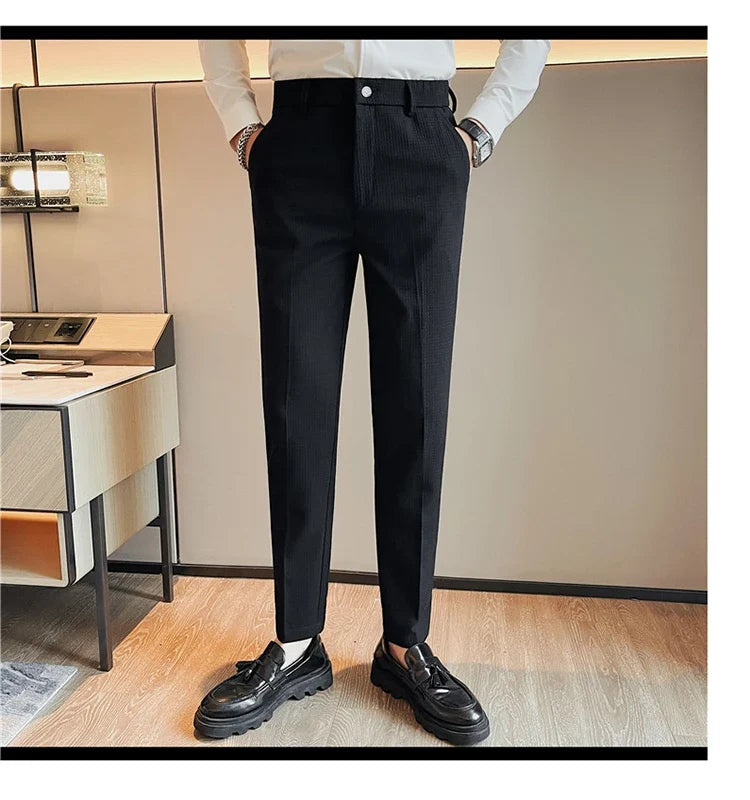 Men's Waffle Casual Pants Fashion Korean Stretch Waist Business Formal Pants Mens Social Party Suit Pants Streetwear Pencil Pant