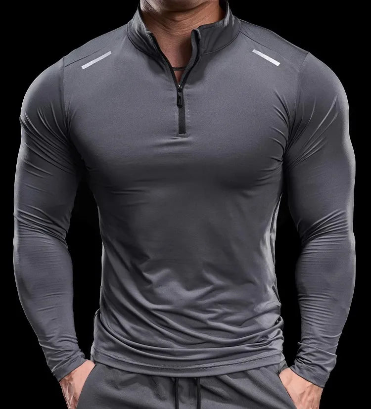 Men Long Sleeve Stand Collar Zipper T-shirt Gym Running Training Fitness Bodybuilding Sport Top Quality Elastic Tight Tops Tees