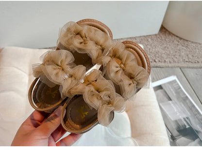 Sweet Princess Shoes Girl Tulle Lace Butterfly-knot Chic Summer Wedding Party Shoes Sandals for Child Girls Holiday Shoes I11155