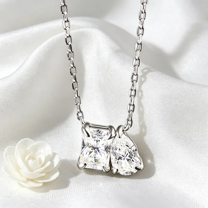 2-5CTTW Radiant Cut Moissanite Necklace for Women 2 Stones Luxury Lab Diamond Pendant S925 Sterling Silver Plated 18K