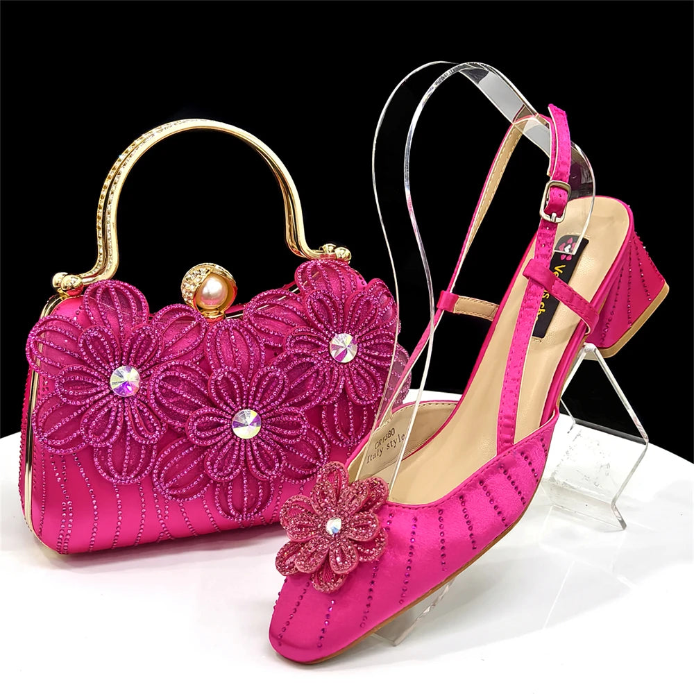 2026 Elegant Gold Color Women's Heels Handbag Set Rhinestone Embellished Designer Shoes for Weddings Special Events